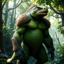 A fascinating lizard bear humanoid character, blending traits of both a lizard and a bear