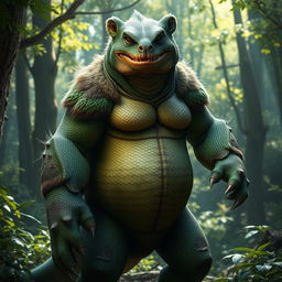 A fascinating lizard bear humanoid character, blending traits of both a lizard and a bear