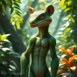 A slender lizard bear humanoid character, combining the elegant features of both a lizard and a bear