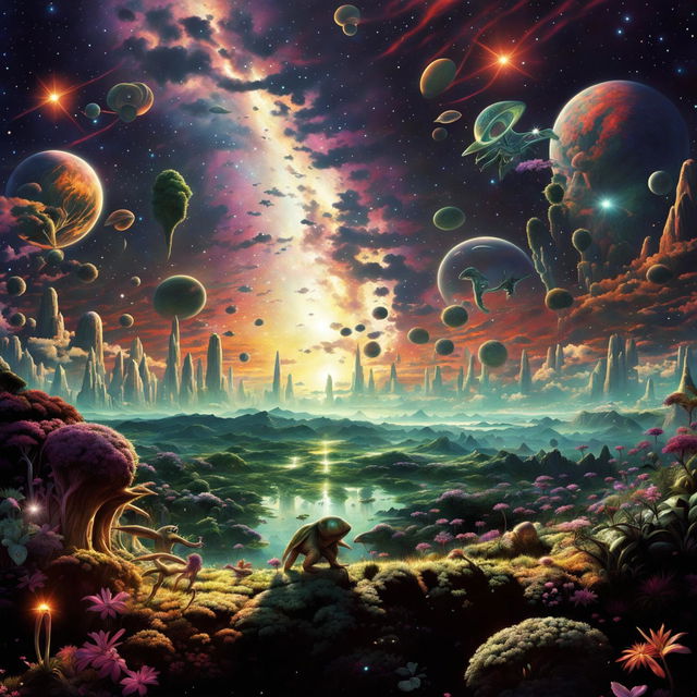 A high-resolution, wide-angle digital art piece depicting an alien landscape populated with vibrant fauna under a brilliant sunset sky, with the Milky Way arcing across the heavens