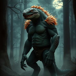 A lizard man with features of bear lycanthropy, standing in an eerie forest setting