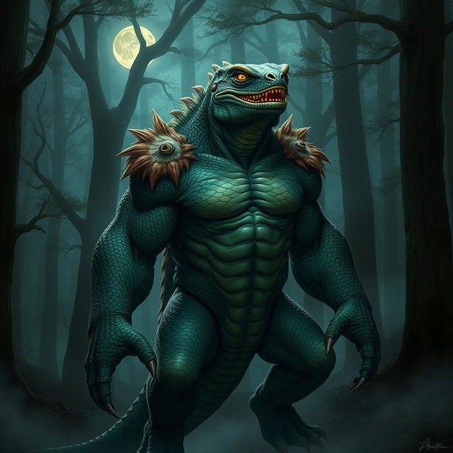 A lizard man with features of bear lycanthropy, standing in an eerie forest setting