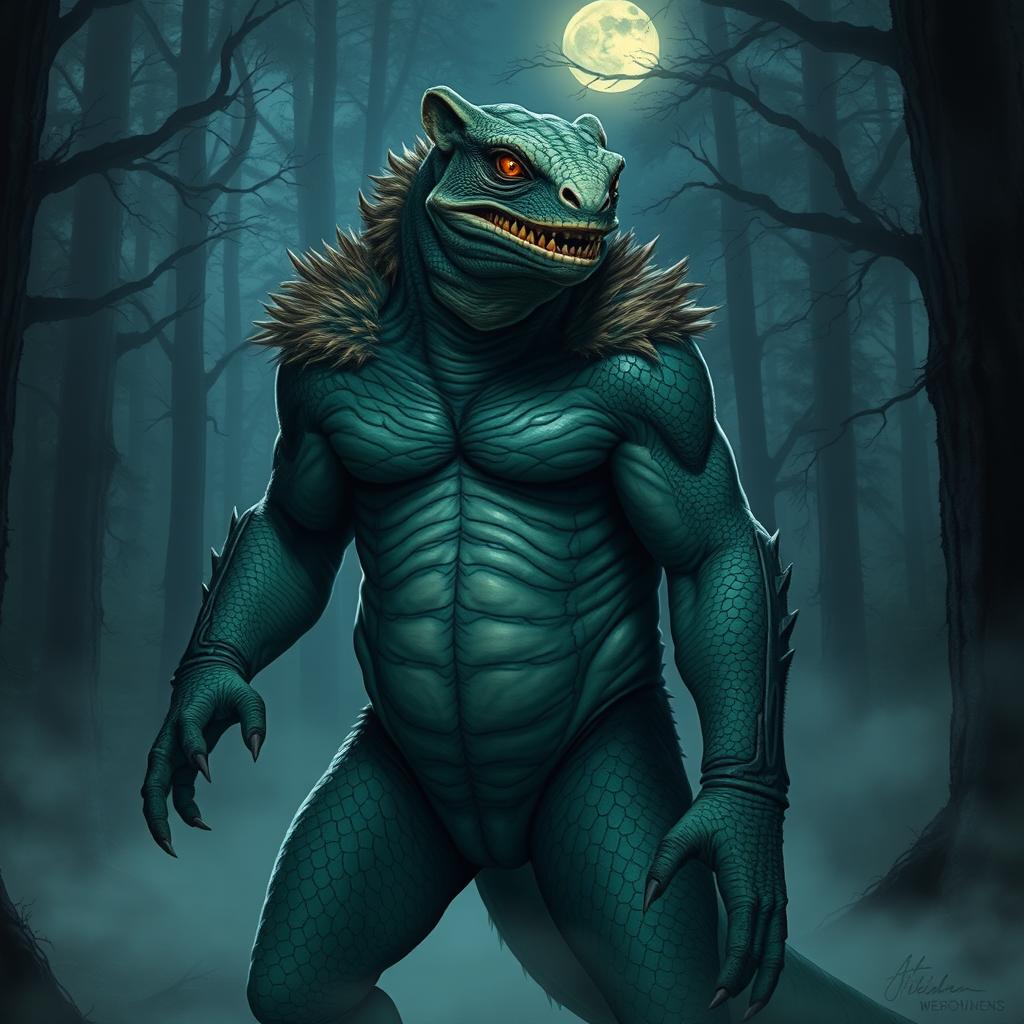 A lizard man with features of bear lycanthropy, standing in an eerie forest setting