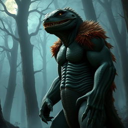 A lizard man with features of bear lycanthropy, standing in an eerie forest setting