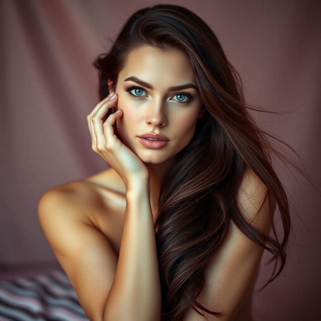 A stunningly beautiful fair-skinned woman with long, flowing burgundy hair and captivating blue eyes