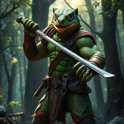 A humanoid lizard man with bear lycanthropy, standing confidently wielding a sword