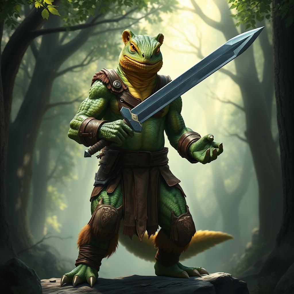 A humanoid lizard man with bear lycanthropy, standing confidently wielding a sword