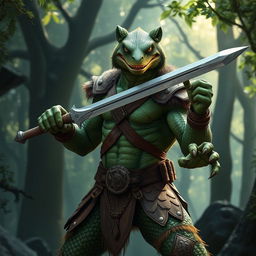 A humanoid lizard man with bear lycanthropy, standing confidently wielding a sword