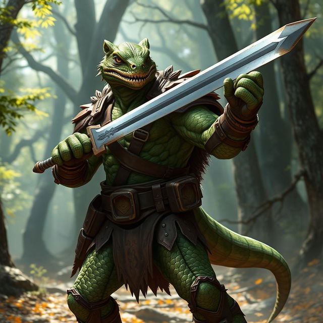 A humanoid lizard man with bear lycanthropy, standing confidently wielding a sword