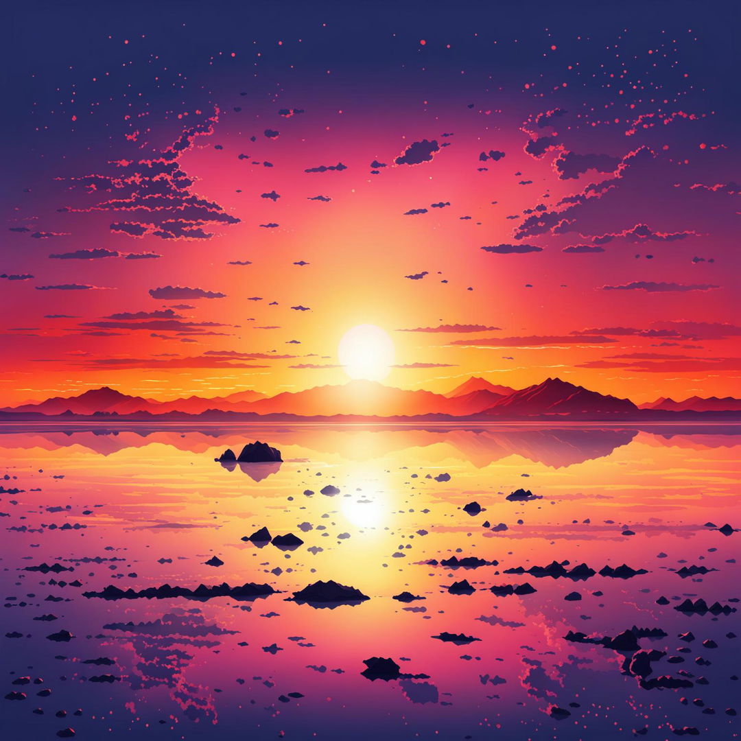 A high-quality digital art illustration of the Salar de Uyuni at sunset