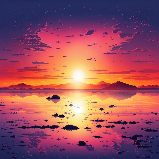 A high-quality digital art illustration of the Salar de Uyuni at sunset