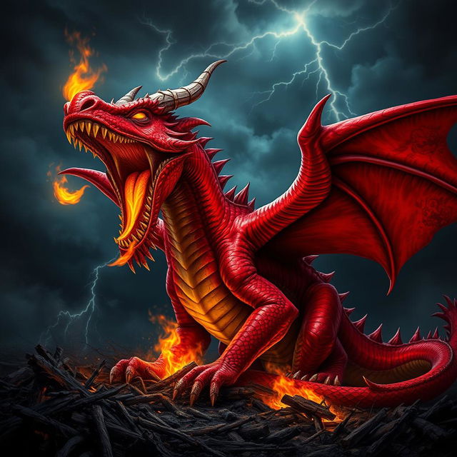 A fearsome and sinister red dragon, with vibrant crimson scales and glowing yellow eyes, is captured mid-roar, showcasing its sharp teeth and menacing expression