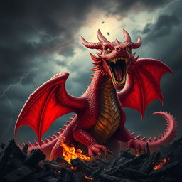 A fearsome and sinister red dragon, with vibrant crimson scales and glowing yellow eyes, is captured mid-roar, showcasing its sharp teeth and menacing expression