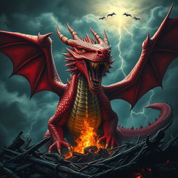 A fearsome and sinister red dragon, with vibrant crimson scales and glowing yellow eyes, is captured mid-roar, showcasing its sharp teeth and menacing expression