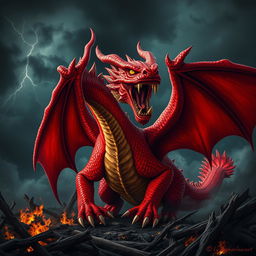 A fearsome and sinister red dragon, with vibrant crimson scales and glowing yellow eyes, is captured mid-roar, showcasing its sharp teeth and menacing expression