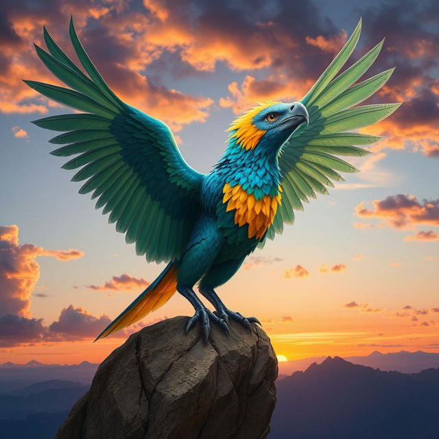 An Aarakocra, a bird-like humanoid creature with vibrant feathers and majestic wings, is perched on a rocky cliff