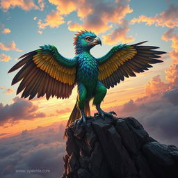 An Aarakocra, a bird-like humanoid creature with vibrant feathers and majestic wings, is perched on a rocky cliff
