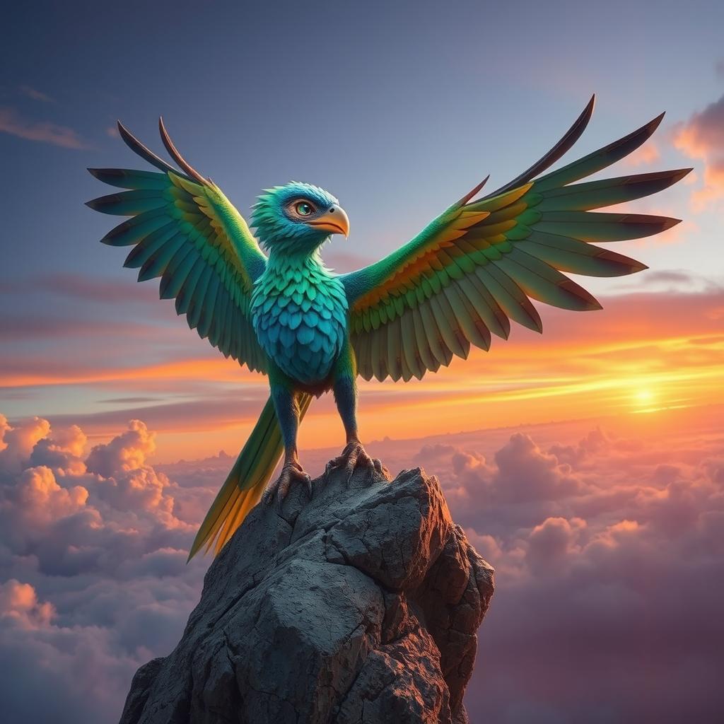 An Aarakocra, a bird-like humanoid creature with vibrant feathers and majestic wings, is perched on a rocky cliff