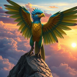 An Aarakocra, a bird-like humanoid creature with vibrant feathers and majestic wings, is perched on a rocky cliff