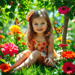 A surreal, vivid image of a girl sitting in a bright, whimsical garden setting