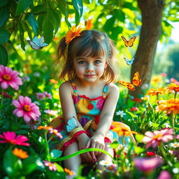 A surreal, vivid image of a girl sitting in a bright, whimsical garden setting