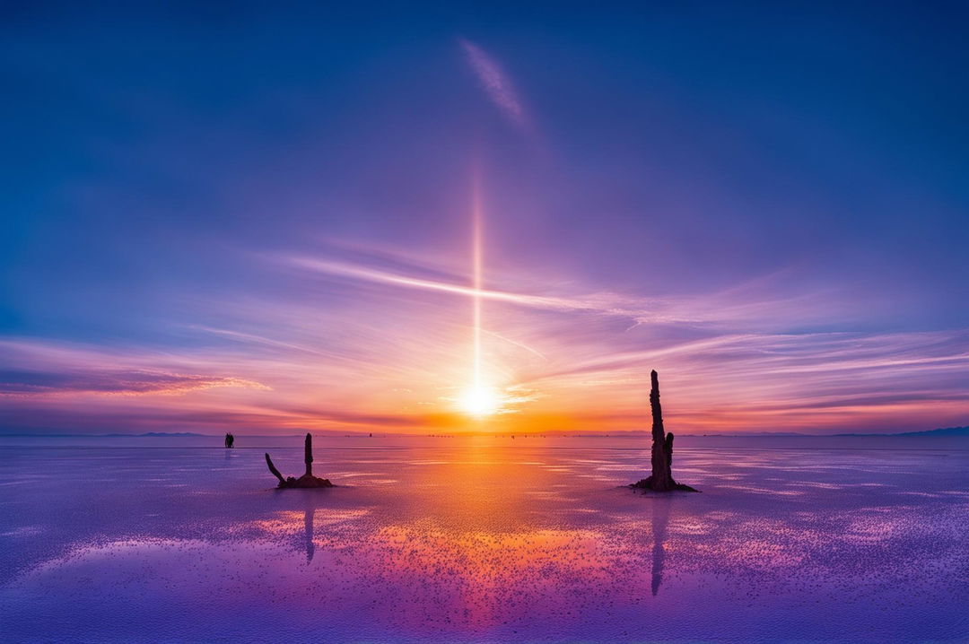 A high-definition landscape photograph of the Salar de Uyuni at sunset, perfect for a desktop screensaver