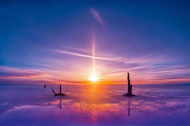 A high-definition landscape photograph of the Salar de Uyuni at sunset, perfect for a desktop screensaver