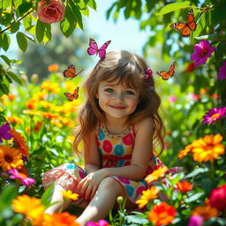 A surreal, vivid image of a girl sitting in a bright, whimsical garden setting