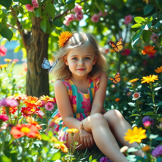 A surreal, vivid image of a girl sitting in a bright, whimsical garden setting