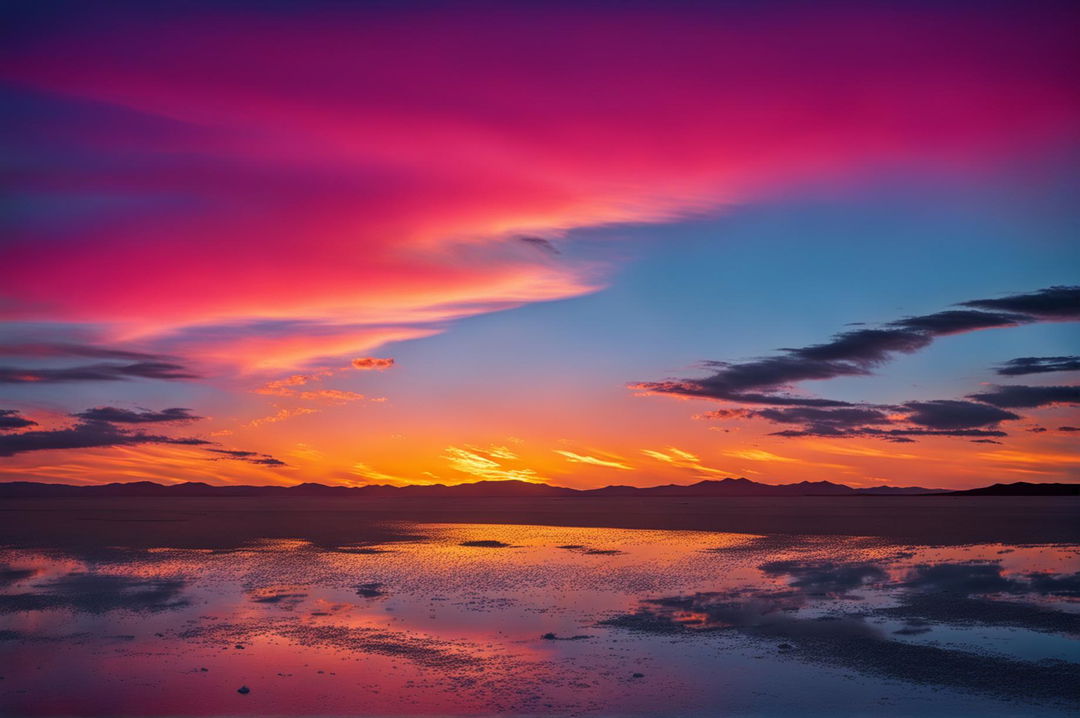 A high-definition landscape photograph of the Salar de Uyuni salt flats during the golden hour