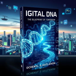 A futuristic book cover design for "Digital DNA: The Blueprint of Tomorrow"