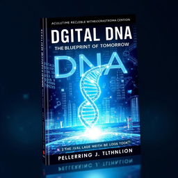 A futuristic book cover design for "Digital DNA: The Blueprint of Tomorrow"