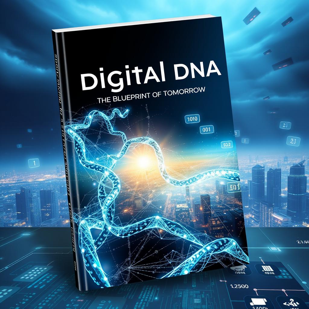 A futuristic book cover design for "Digital DNA: The Blueprint of Tomorrow"