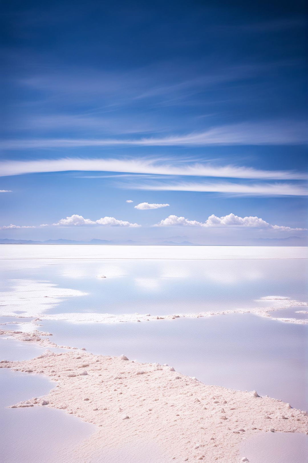 A high-definition photograph of the Salar de Uyuni salt flats under a bright, clear blue sky