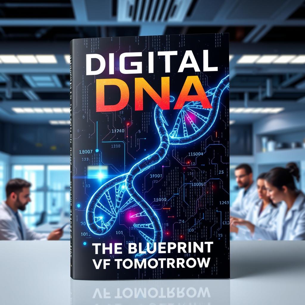 An imaginative book cover design for "Digital DNA: The Blueprint of Tomorrow" featuring a striking visual of double-helix DNA strands intertwined with digital elements, like circuit patterns and binary code