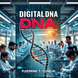 An imaginative book cover design for "Digital DNA: The Blueprint of Tomorrow" featuring a striking visual of double-helix DNA strands intertwined with digital elements, like circuit patterns and binary code
