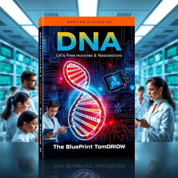 An imaginative book cover design for "Digital DNA: The Blueprint of Tomorrow" featuring a striking visual of double-helix DNA strands intertwined with digital elements, like circuit patterns and binary code