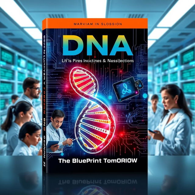 An imaginative book cover design for "Digital DNA: The Blueprint of Tomorrow" featuring a striking visual of double-helix DNA strands intertwined with digital elements, like circuit patterns and binary code