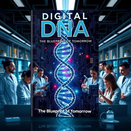 An imaginative book cover design for "Digital DNA: The Blueprint of Tomorrow" featuring a striking visual of double-helix DNA strands intertwined with digital elements, like circuit patterns and binary code