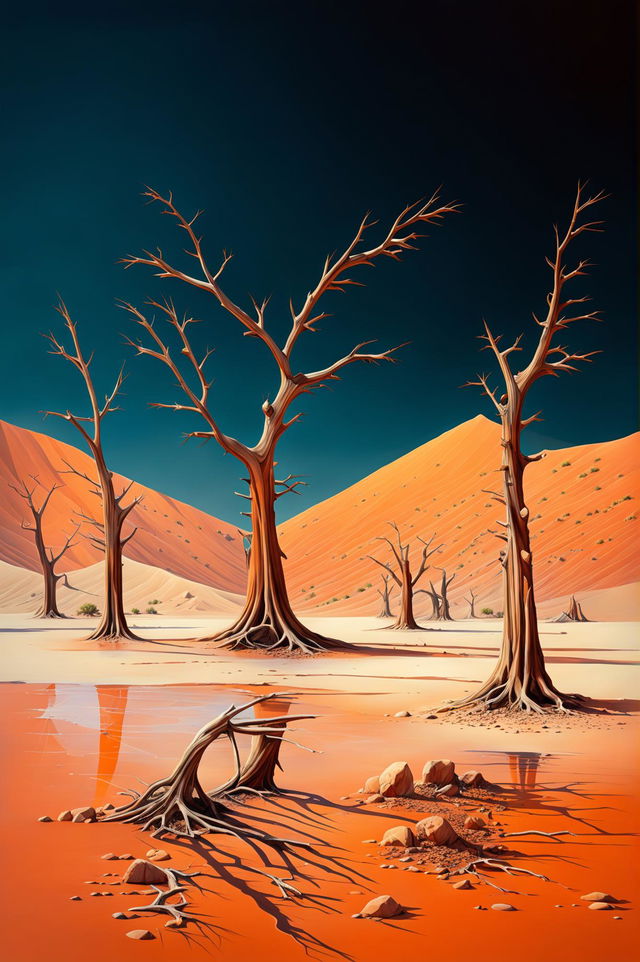 A digital art image of Deadvlei in Namibia, depicting the stark contrast between the deep orange clay pan, the white skeletal trees, the fiery red dunes, and the unbroken blue sky