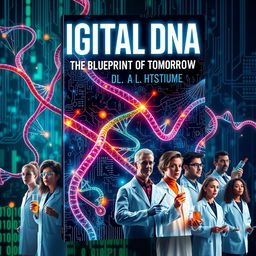 A dynamic and futuristic book cover design for 'Digital DNA: The Blueprint of Tomorrow', featuring an intricate depiction of DNA strands in vibrant colors intertwining with digital circuits and binary code