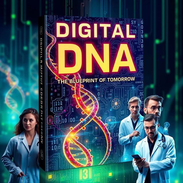 A dynamic and futuristic book cover design for 'Digital DNA: The Blueprint of Tomorrow', featuring an intricate depiction of DNA strands in vibrant colors intertwining with digital circuits and binary code