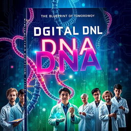 A dynamic and futuristic book cover design for 'Digital DNA: The Blueprint of Tomorrow', featuring an intricate depiction of DNA strands in vibrant colors intertwining with digital circuits and binary code