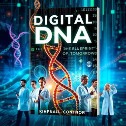 A dynamic and futuristic book cover design for 'Digital DNA: The Blueprint of Tomorrow', featuring an intricate depiction of DNA strands in vibrant colors intertwining with digital circuits and binary code