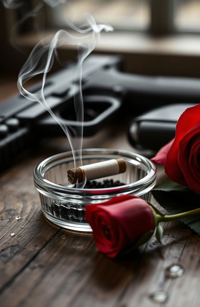 A close-up view of an ashtray containing a smoking cigarette butt, with wisps of smoke curling upwards