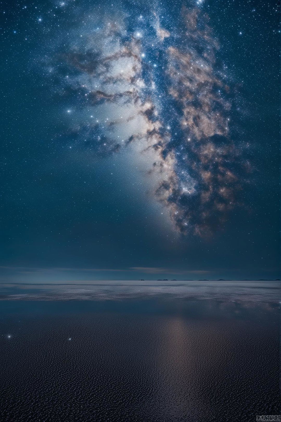 A high-definition, astrophotography image of the Salar de Uyuni salt flats under a moonlit sky, with the Milky Way stretching across the sky