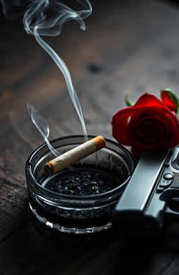 A close-up view of an ashtray containing a smoking cigarette butt, with wisps of smoke curling upwards