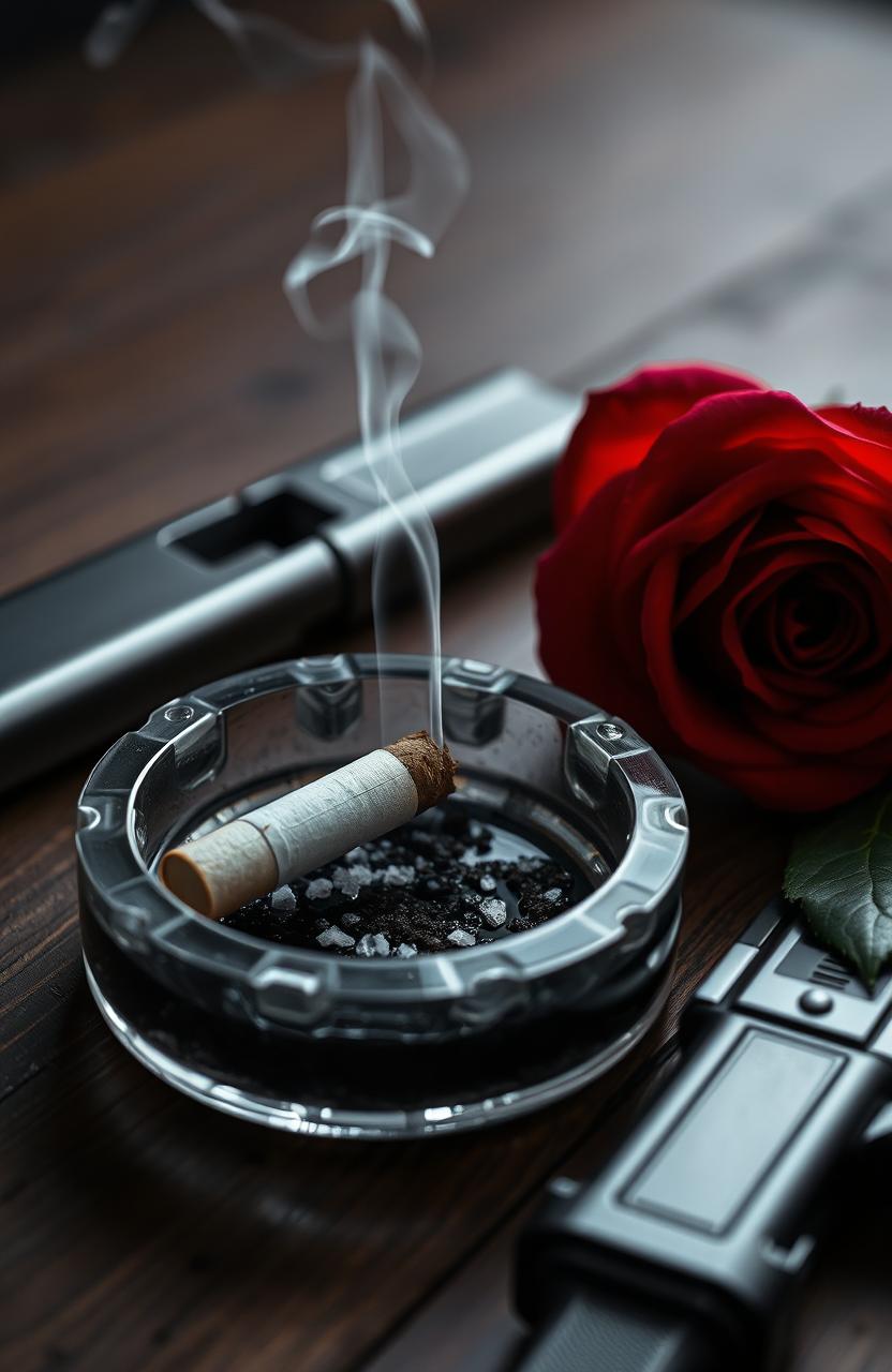 A close-up view of an ashtray containing a smoking cigarette butt, with wisps of smoke curling upwards