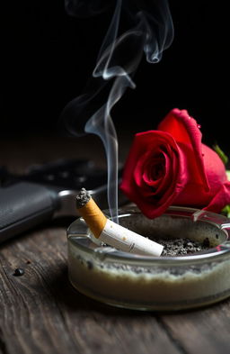 A close-up view of an ashtray containing a smoking cigarette butt, with wisps of smoke curling upwards