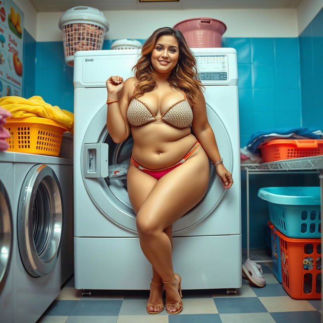 A humorous scene featuring a curvy woman in a playful outfit consisting of a short mini skirt and a thong, playfully stuck in a washing machine